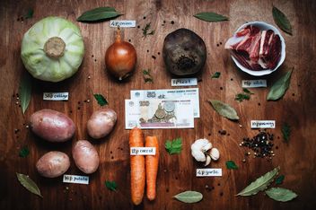 Ingredients for borscht for 3 dollars on wooden background, Cheboksary, Russia - Free image #303941